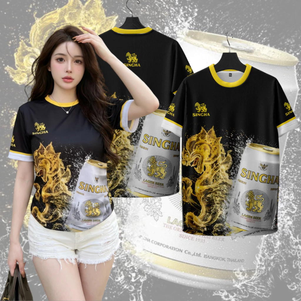 เสื้อคอกลมกีฬาลายสิงห์ดำคอเหลืองใส่สบายระบายอากาศผ้าไมโคร