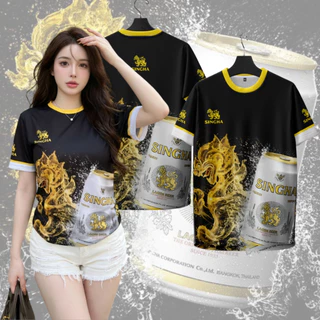 เสื้อคอกลมกีฬาลายสิงห์ดำคอเหลืองใส่สบายระบายอากาศผ้าไมโคร