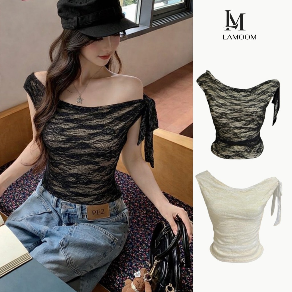 Lamoon【พร้อมส่ง】เสื้อลูกไม้เปิดไหล่ผูกโบว์ข้าง เน้นอวดสัดส่วนอย่างมั่นใจ มี2สี #A9507