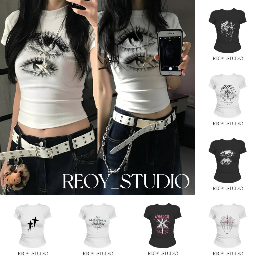(จัดส่งตลอด 24 ชั่วโมง） REOY_STUDIO♥  เสื้อแฟชั่นผู้หญิง เสื้อวินเทจ ผ้าเกรด  เสื้อเบบี้ที ทรงสลิมฟิต ลําลอง T1
