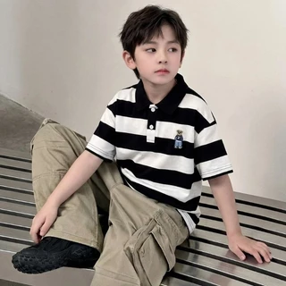 เสื้อโปโลผ้าฝ้ายแท้สำหรับเด็ก ลายหมีการ์ตูนปักลาย แขนสั้น สไตล์เกาหลี ใส่ได้หลายโอกาส เนื้อผ้านุ่มสบาย