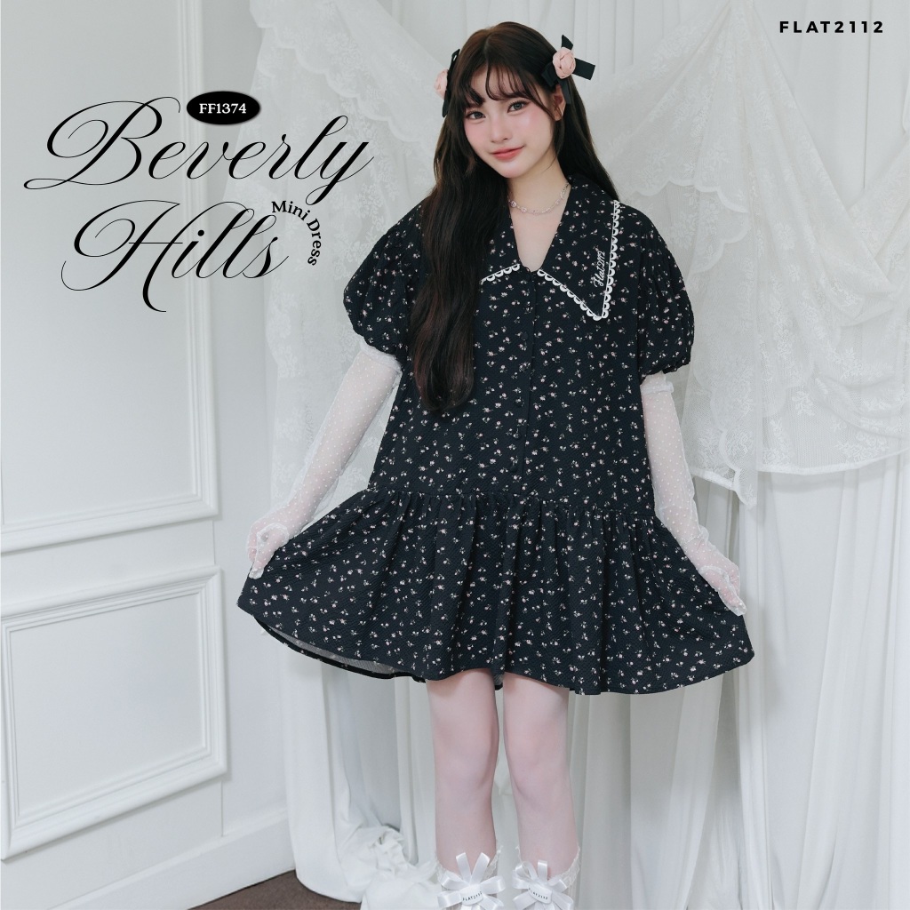 FLAT2112 :  BEVERLY HILLS MINI DRESS เดรสสั้นลายดอกสีดำ เดรสแขนสั้นทรงปล่อย เดรสสายหวานเกาหลี  เดรสทรง babydoll (FF1374)