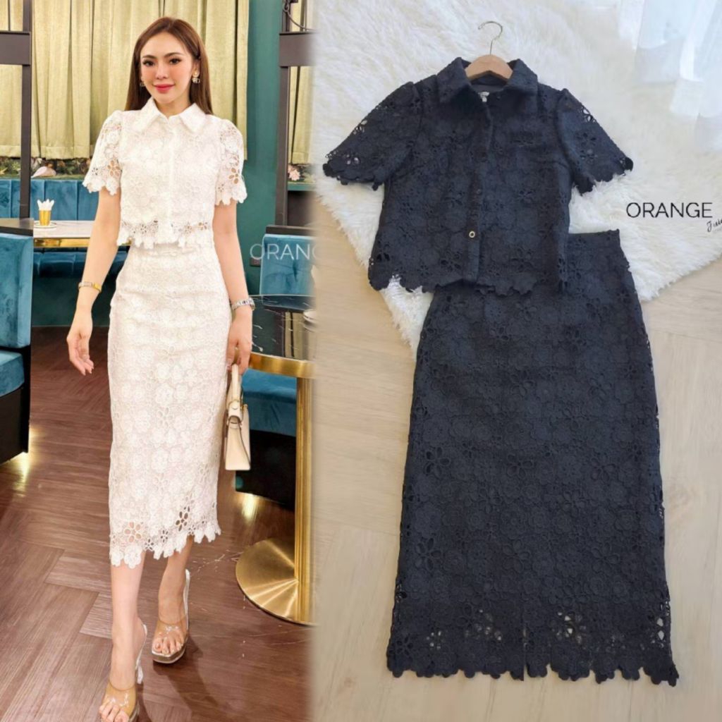 ชุดเซ็ตลูกไม้ขาว ชุดเซ็ตลูกไม้ดำ S-5XL Set2ชิ้น ชุดสาวอวบ เสื้อแขนสั้นกระดุมหน้า+กระโปรงลูกไม้ทรงสอบ งานป้าย OrangeJuice
