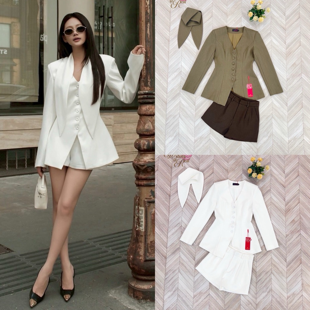 [Widelia @ Real] Set 3ชิ้น เสื้อแขนยาวกับกางเกงขาสั้น มีผ้าพันคอ ตัวเสื้อคอวี ติดกระดุมหน้า