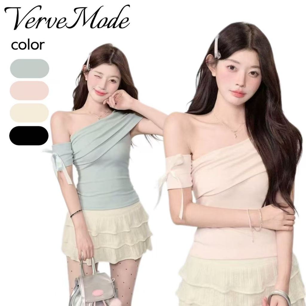 VerveMode.🍓 จัดส่งในประเทศไทย🍓เสื้อยืดแขนสั้นสีพื้นแบบเปิดไหล่ สไตล์สาวฮอตรับซัมเมอร์ เสื้อเปิดไหล่ช่วยให้ดูผอมเพรียว