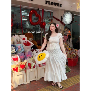 LindaaPlus-- ชุดเซ็ตเสื้อ+กระโปรงยาวผ้าลินินสาวอวบ ᯓᰔ 🌷งานผ้าฝ้ายลินินกระโปรงมีซับใน ไม่บาง แต่งลูกไม้เพิ่มความหวาน