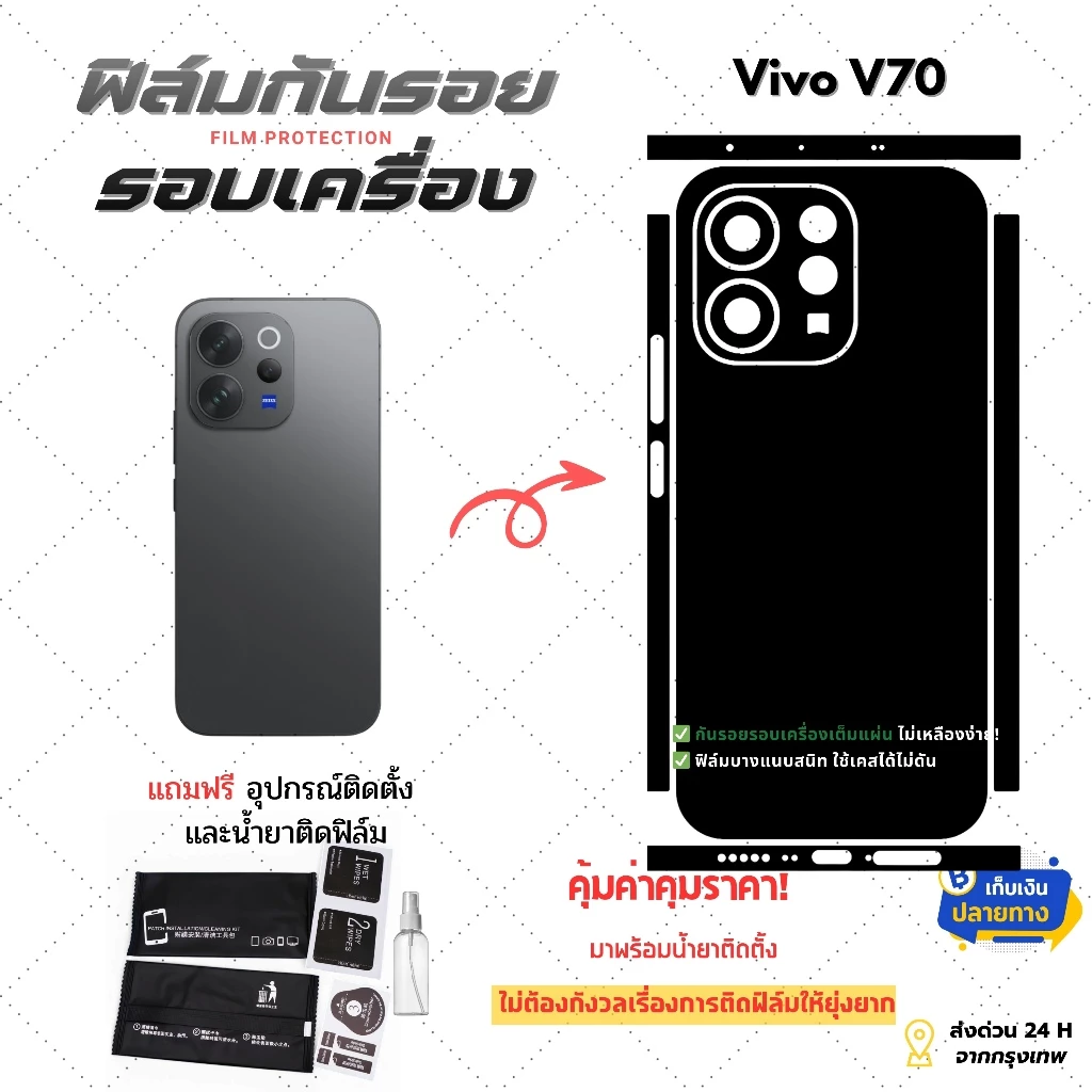 ฟิล์มกันรอย สำหรับโทรศัพท์มือถือยี่ห้อ vivo V70 | ปกป้องรอบเครื่องครบทั้งหลังและขอบข้าง