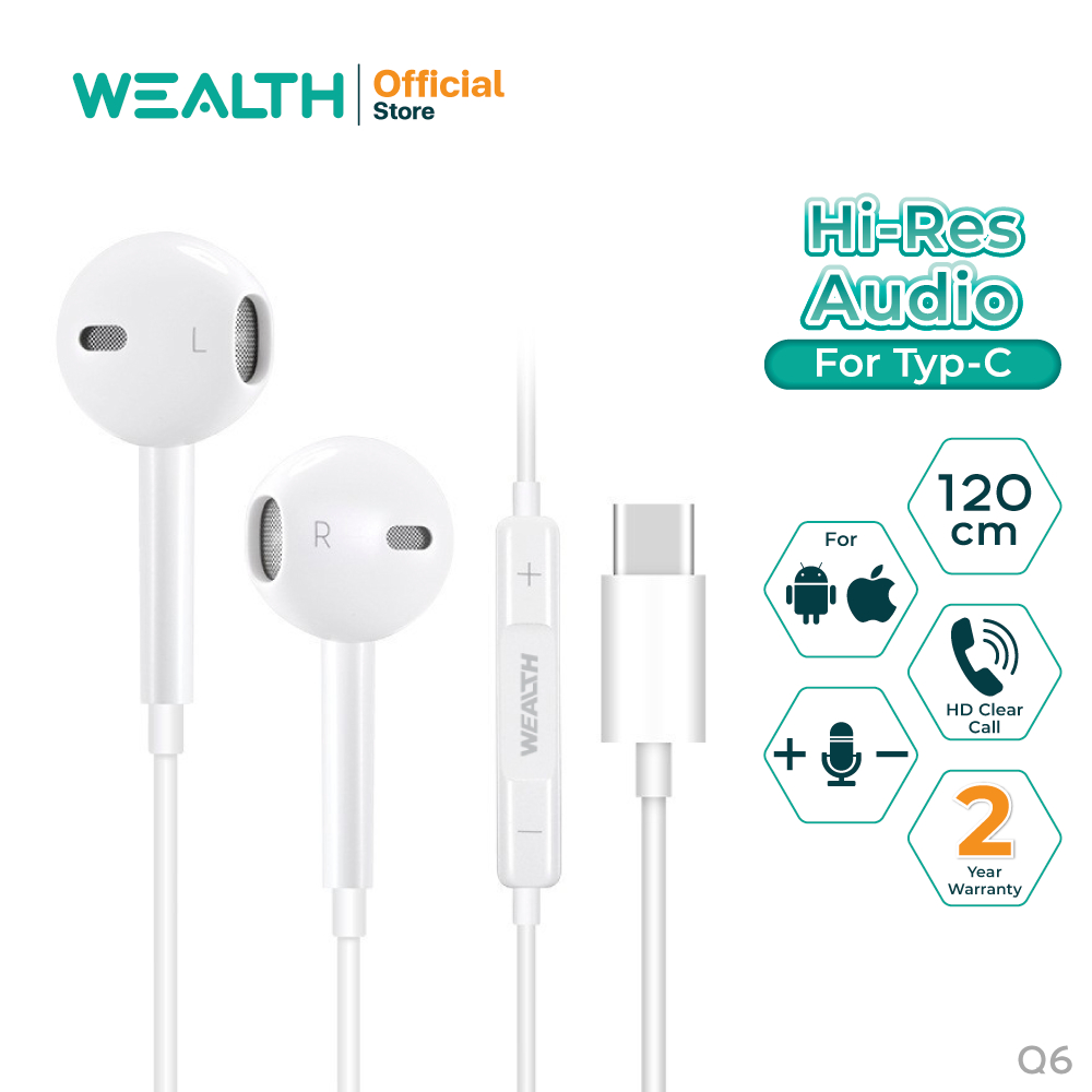 WEALTH หูฟังสมอลทอล์ค Type-C รุ่น Q6 หูฟังมีสาย เสียงชัดเจน รองรับ 3.5 มม. ใช้งานง่าย