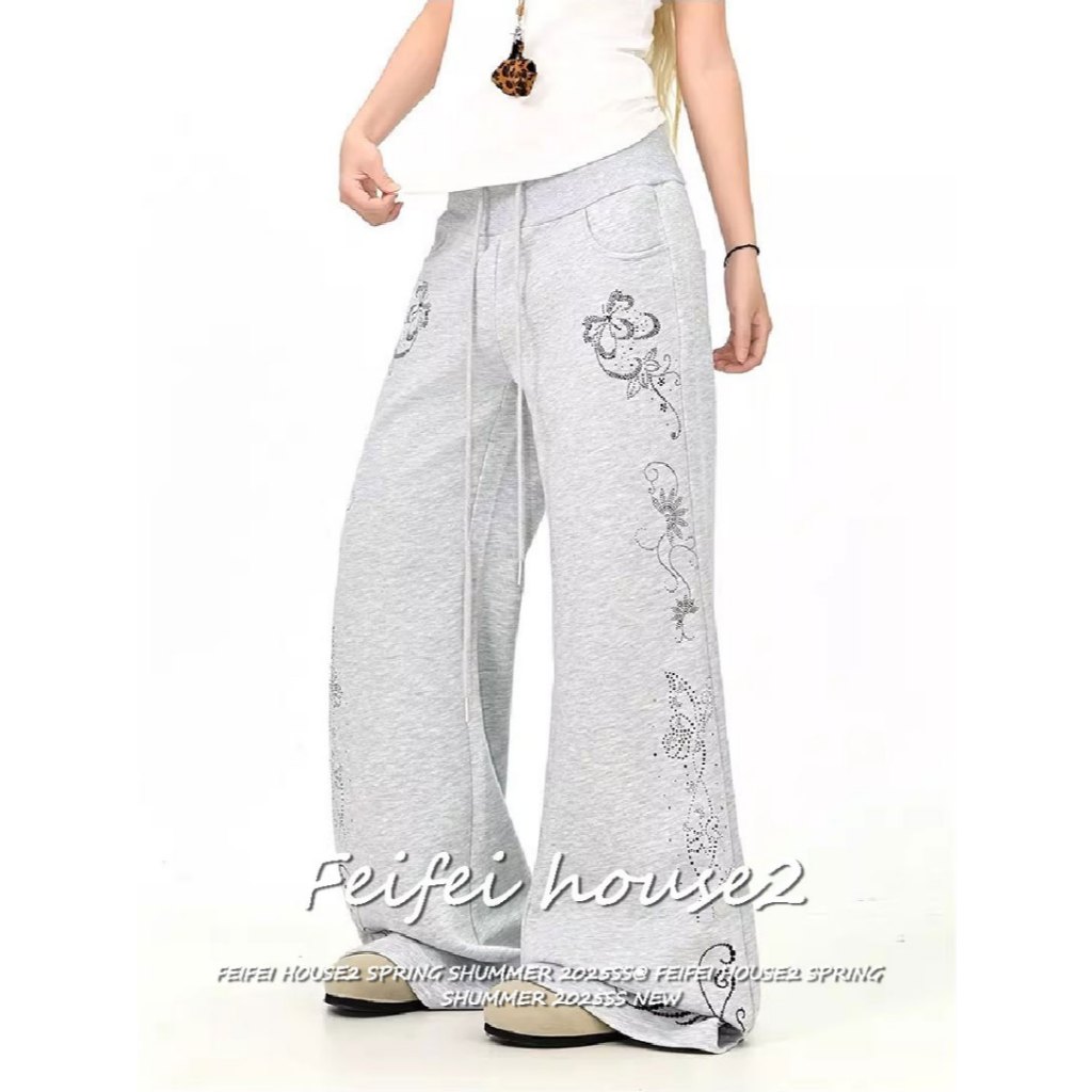[Floral rhinestone flared pants]ผู้หญิงสไตล์อเมริกันประดับเพชรเทียมกางเกงขายาวเอวสูงทรัมเป็ต