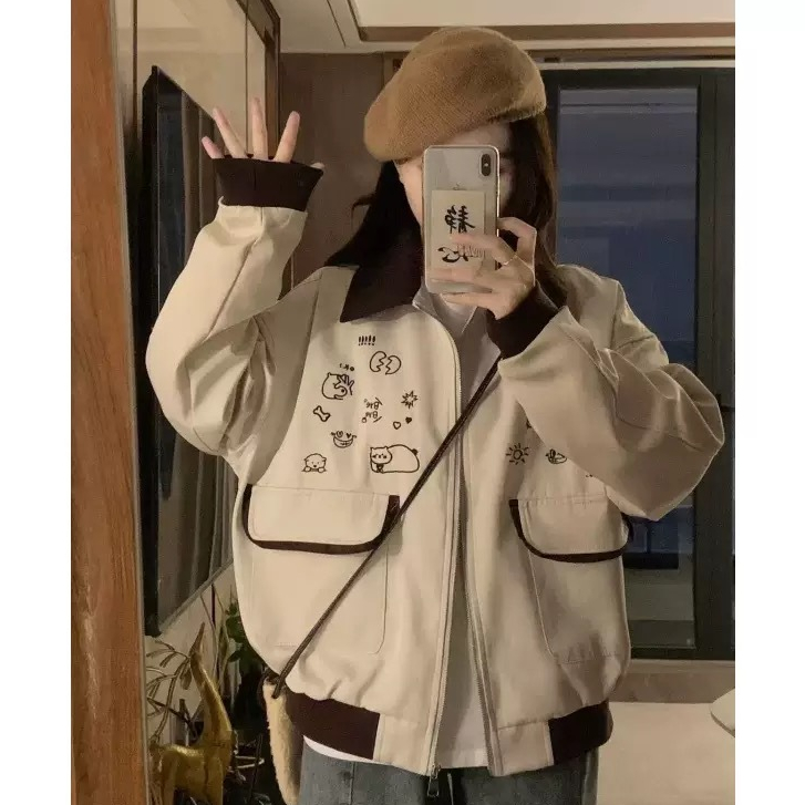 เสื้อแจ็คเก็ตปักลายการ์ตูนใหม่ สำหรับผู้ชาย/ผู้หญิง ทรงหลวมและบางเบา