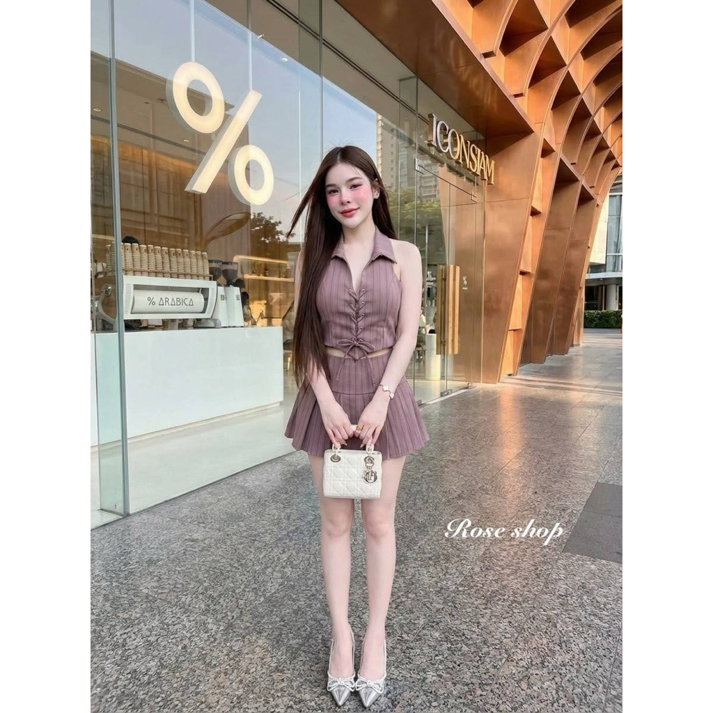 Phapassz - เซท 2 ชิ้น เสื้อคล้องคอลายริ้ว แต่งเชือกผูก+กระโปรงมีซับใน ดีเทลเกร๋ ใส่สบาย #Ontop