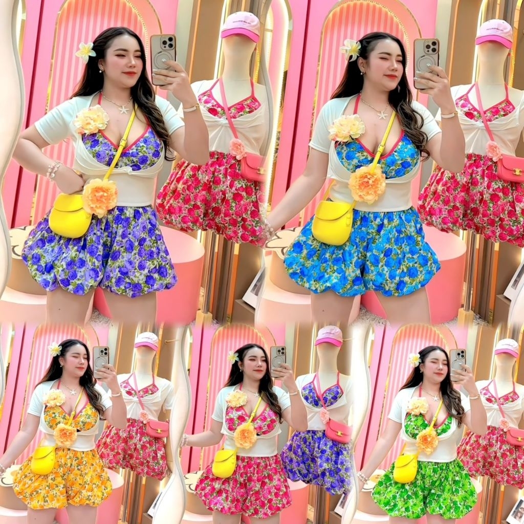 🌞เซต3ชิ้น บรา+เสื้อยืด+กางเกงบอลลูนขาสั้นลายดอกจี๊ดจ๊าดด