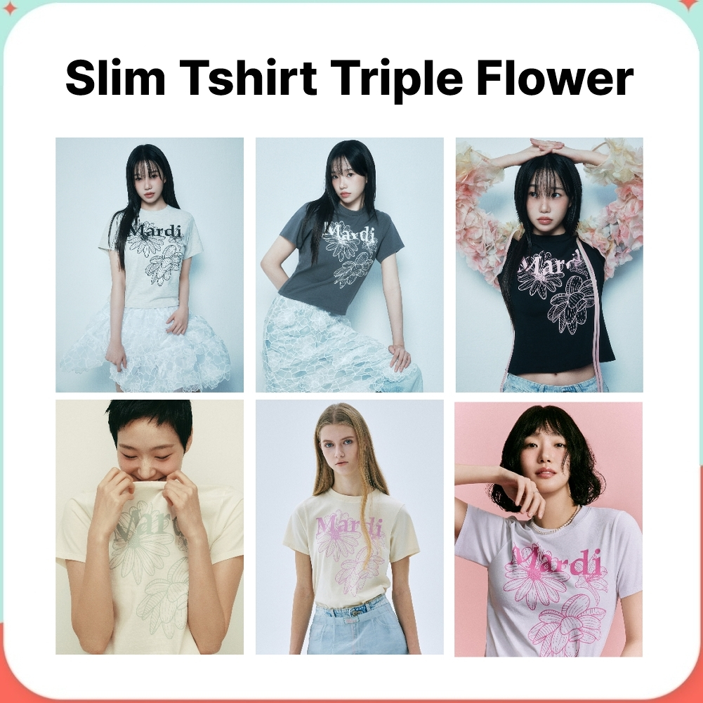 Mardi Mercredi Slim Tshirt Triple Flower (Black Pink, Charcoal Ivory, Oatmeal Black, Cream Mossgreen, White Pink)