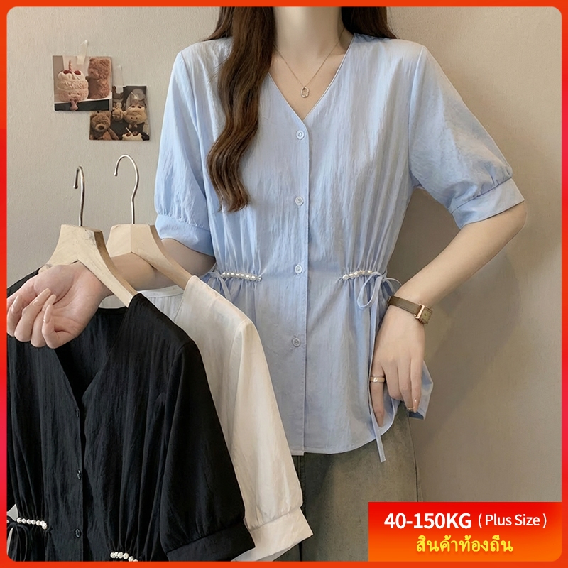 [เสื้อไซส์ใหญ่] (40-150 กก.) เสื้อเชิ้ตแขนสั้นทรงเข้ารูปสำหรับผู้หญิง ดีไซน์โอเวอร์ไซส์ ดีเทลผูกเอวแฟชั่น สไตล์สวมใส่สบา