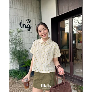 MalaOriginal |【พร้อมส่ง】Mini Polkadot Crop Shirt 🍪 เสื้อเชิ้ตครอป แขนสั้น ลายจุดขาวดำ จุดเล็ก ขนาดกำลัง