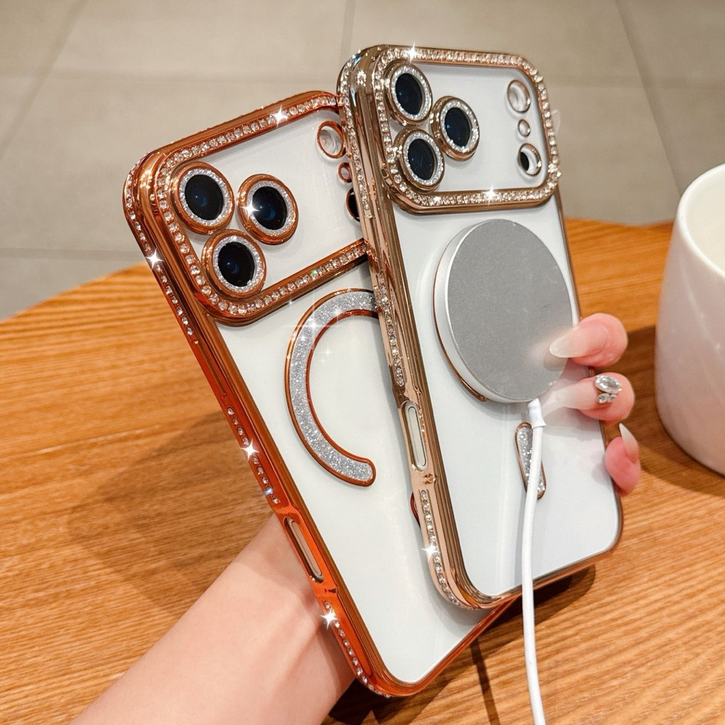เคสนิ่ม ขอบเพชร แม่เหล็ก iphone17 Pro Max 16 15 14 13 12 11 สําหรับ iPhone เคสซิลิโคนนิ่ม TPU กันกระแทก