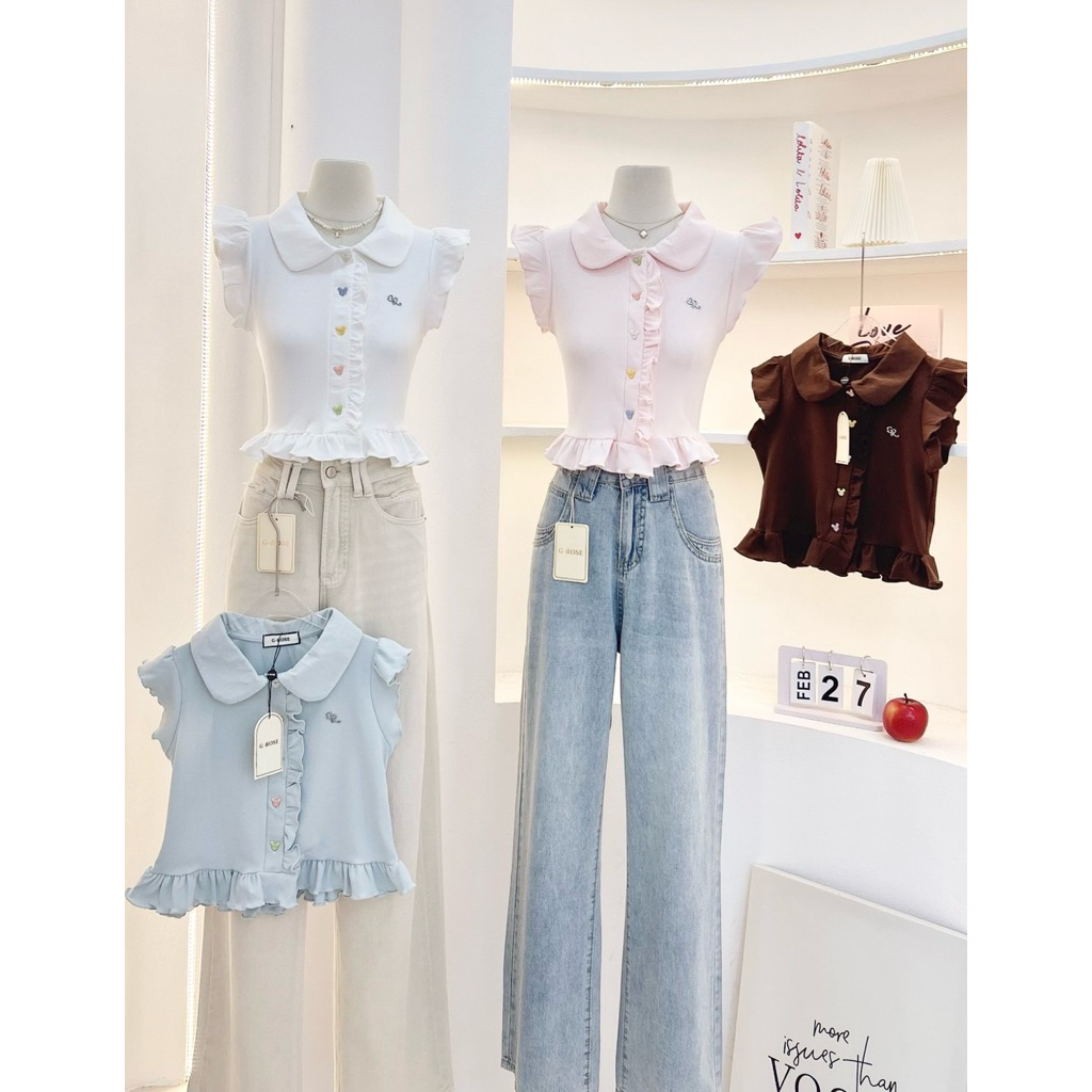 G-Rose มาใหม่ เสื้อคอบัว ผ้ายืดฉลุ กระดุมการ์ตูน อก 26”- 36“ ยาว 16 “ น่ารักมาก