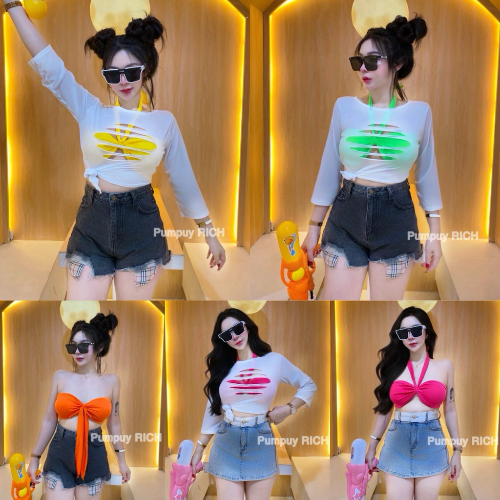 🐹Pumpuy888 RICH🐹เสื้อซีทรูแขนยาว+บราคล้องคอ(เสริมฟองน้ำ) ชุดสงกรานต์