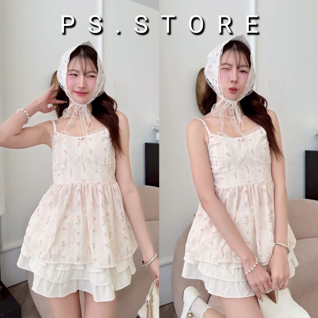 Rora : เสื้อสายเดี่ยวตัวยาวลายสก็อตแต่งขอบลูกไม้ (สายปรับได้)