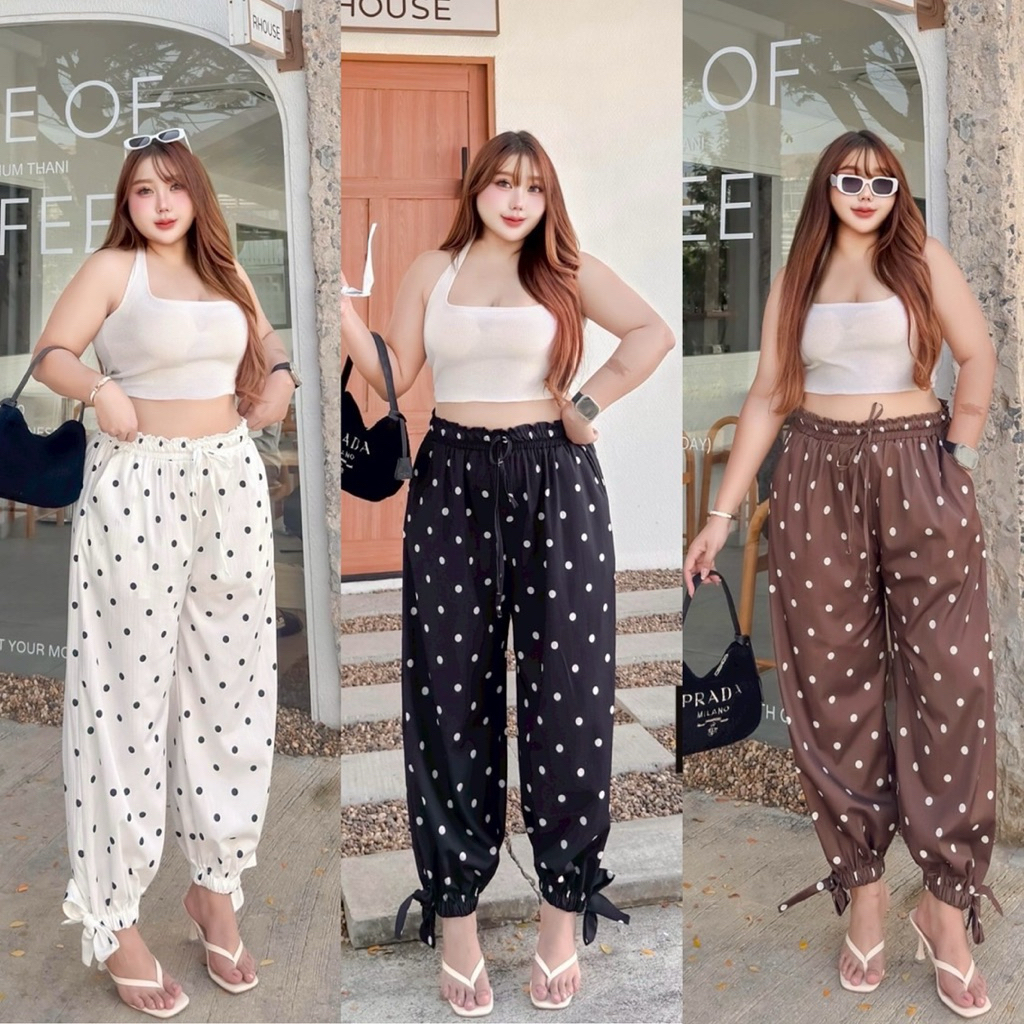 /CC/ กางเกงฮาเร็ม Polka Dot เอว34-52 ผูกโบว์ข้อเท้า มีกระเป๋ากางเกง พรางหุ่น ใส่สบาย กำลังมาแรง #พลัสไซส์