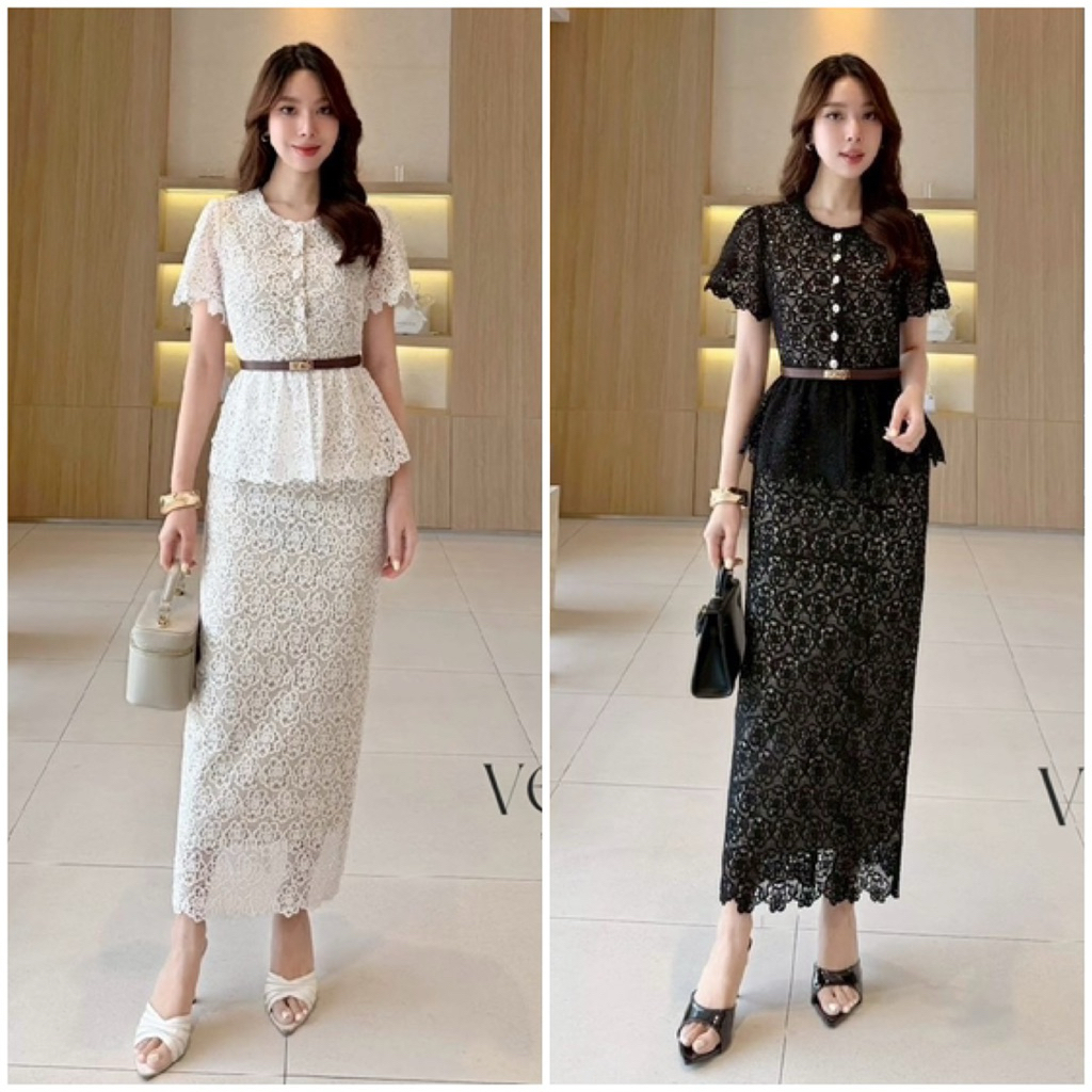 Set เสื้อและกระโปรงผ้าลูกไม้ พร้อมซับในในตัว สีขาวและสีดำ