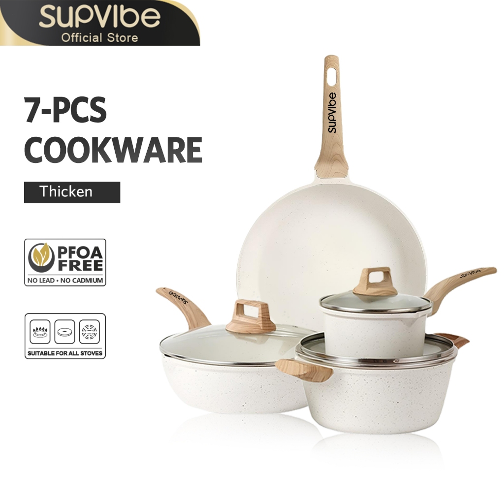 SUPVIBE ชุดหม้อกระทะ 7ชิ้น กระทะผัด หม้อซุป กระทะก้นลึก ทำอาหารไม่ติด เคลือบไมฟาน เหมาะสําหรับ1-10คน