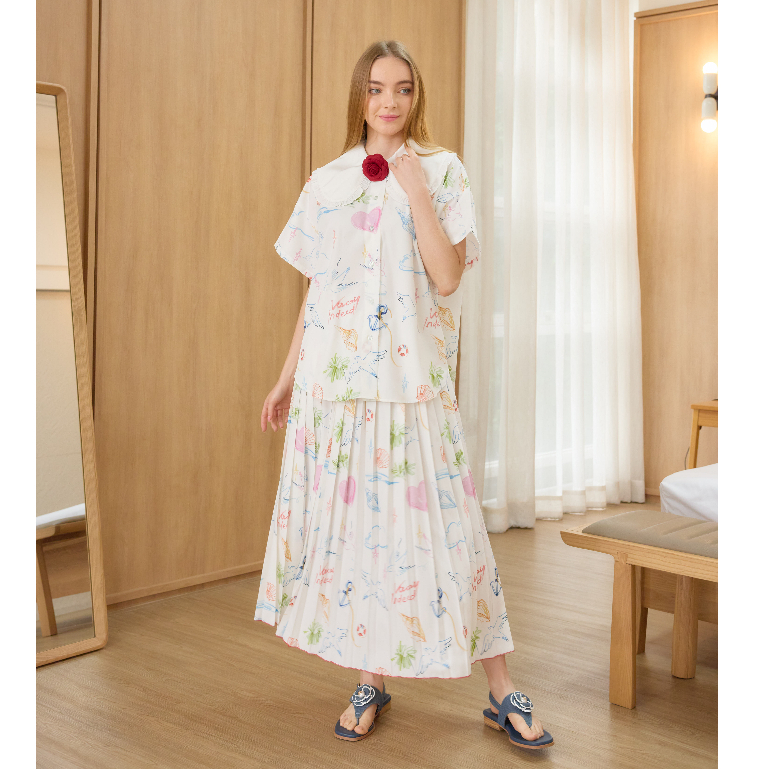 VACAY INDEED / Pleat-Folded Skirt กระโปรงพลีทยาว ลาย Summer Cruise / พร้อมส่ง*