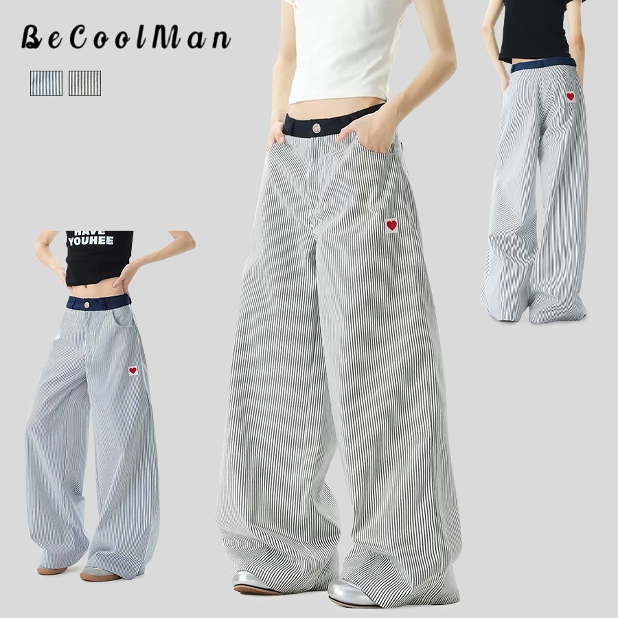 💥BecoolMan💥กางเกงขากว้างแนววินเทจ ลายเส้นแนวตั้ง กางเกงลำลอง พิมพ์ลายหัวใจ แบบหลวม แมทช์ลุคง่าย