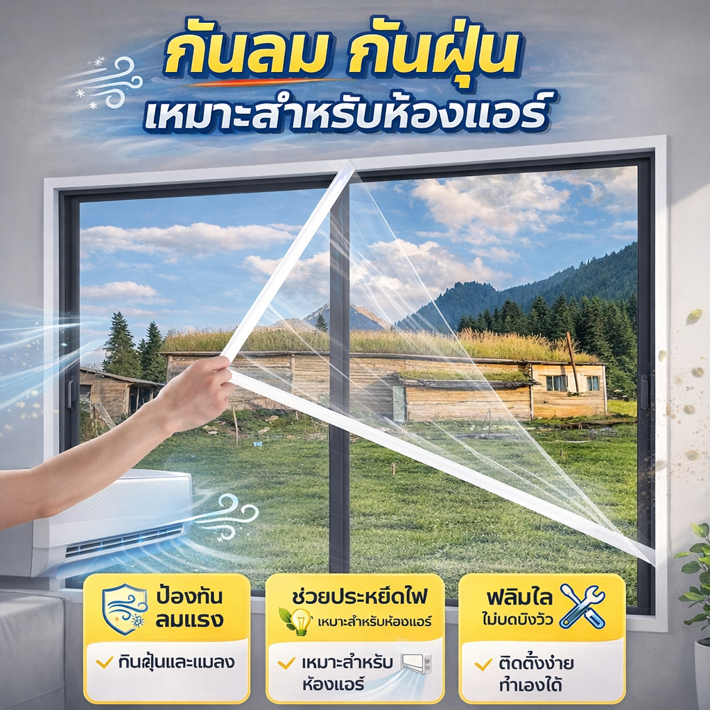 แถบซีลหน้าต่าง ฟิล์มกันลมหน้าต่าง กันฝุ่น กันความเย็น เหมาะสำหรับห้องแอร์ ช่วยประหยัดไฟ ติดตั้งง่าย ฟิล์มใสไม่บดบังวิว