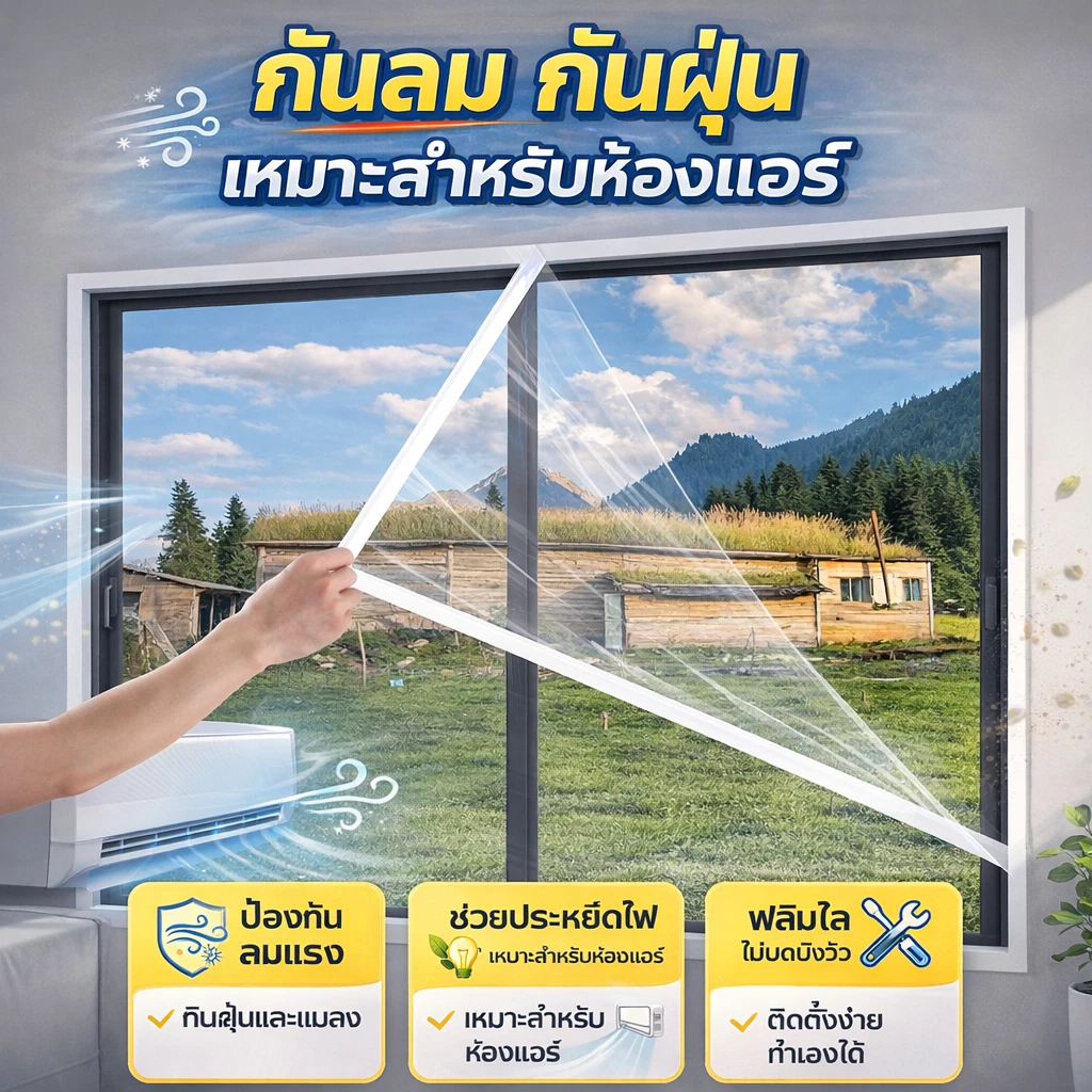 แถบซีลหน้าต่าง ฟิล์มกันลมหน้าต่าง กันฝุ่น กันความเย็น เหมาะสำหรับห้องแอร์ ช่วยประหยัดไฟ ติดตั้งง่าย ฟิล์มใสไม่บดบังวิว