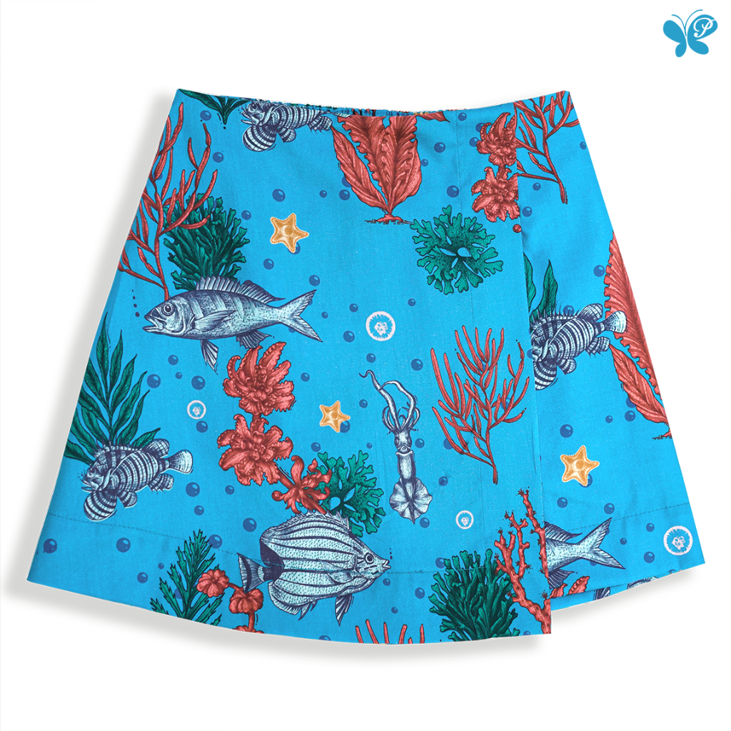 กางเกงกระโปรงผู้หญิง Papillon]Women Yuri Shorts ผ้าCotton Rayon Twill เอวสูง ซิปข้าง ยางยืดหลัง พิมพ์ลายปลา Les Poissons