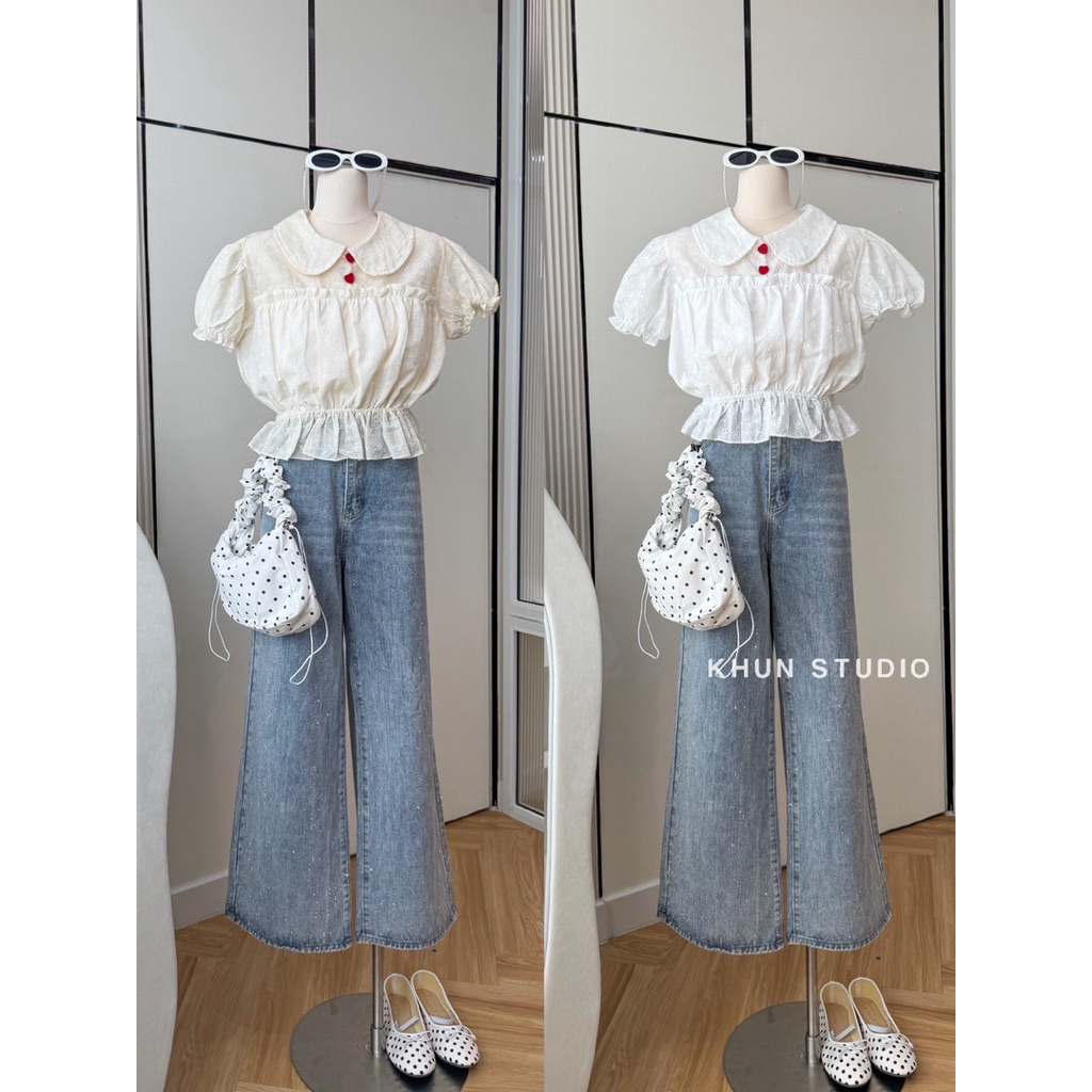 เสื้อคอบัวกระดุมแดงผ้าฉลุ