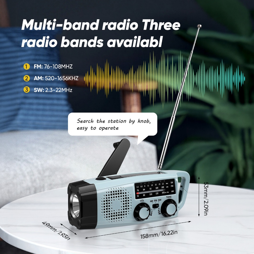 2000mAh Battery  with SOS Alert Flashlight,3-Way Charging Emergency Radio,Small Pocket Radio