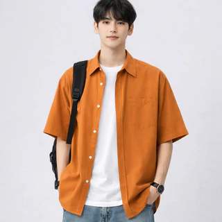 เสื้อเชิ้ตแขนสั้นผู้ชาย Oversize ใส่คลุมได้ เสื้อเชิ้ตเกาหลี ดำ/กรม/เทา/แดง/ขาว/ส้ม/เหลือง ใส่สบาย