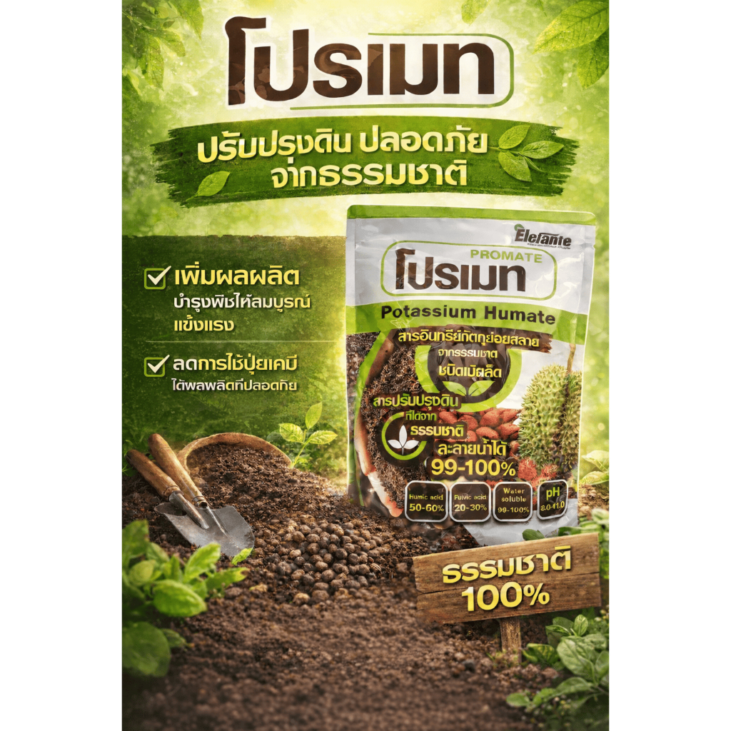 โปรเมท (1 กก. ) โพแทสเซียมฮิวเมท (Potassium Humate) คุณภาพสูง จากธรรมชาติ ชนิดเกล็ด ละลายน้ำได้ 99-100%