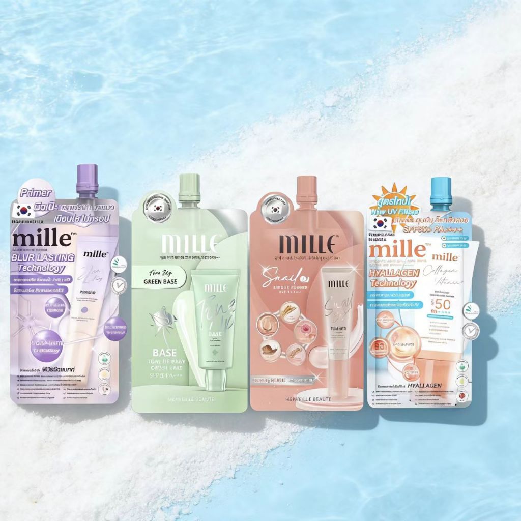 (แบบซอง) Mille Blur Lasting Primer & มิลเล่โทนอัพ เบบี้กรีน เบส & มิลเล่ เซรั่มกันแดด & Mille Snail 