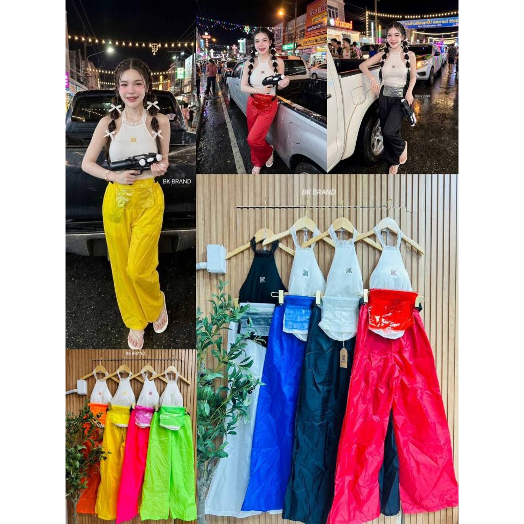 【BK BRAND】 BK 27938 ได้งาน 3 ชิ้น เสื้อคล้องคอลูกไม้ปัก BK กางเกง กระเป๋า