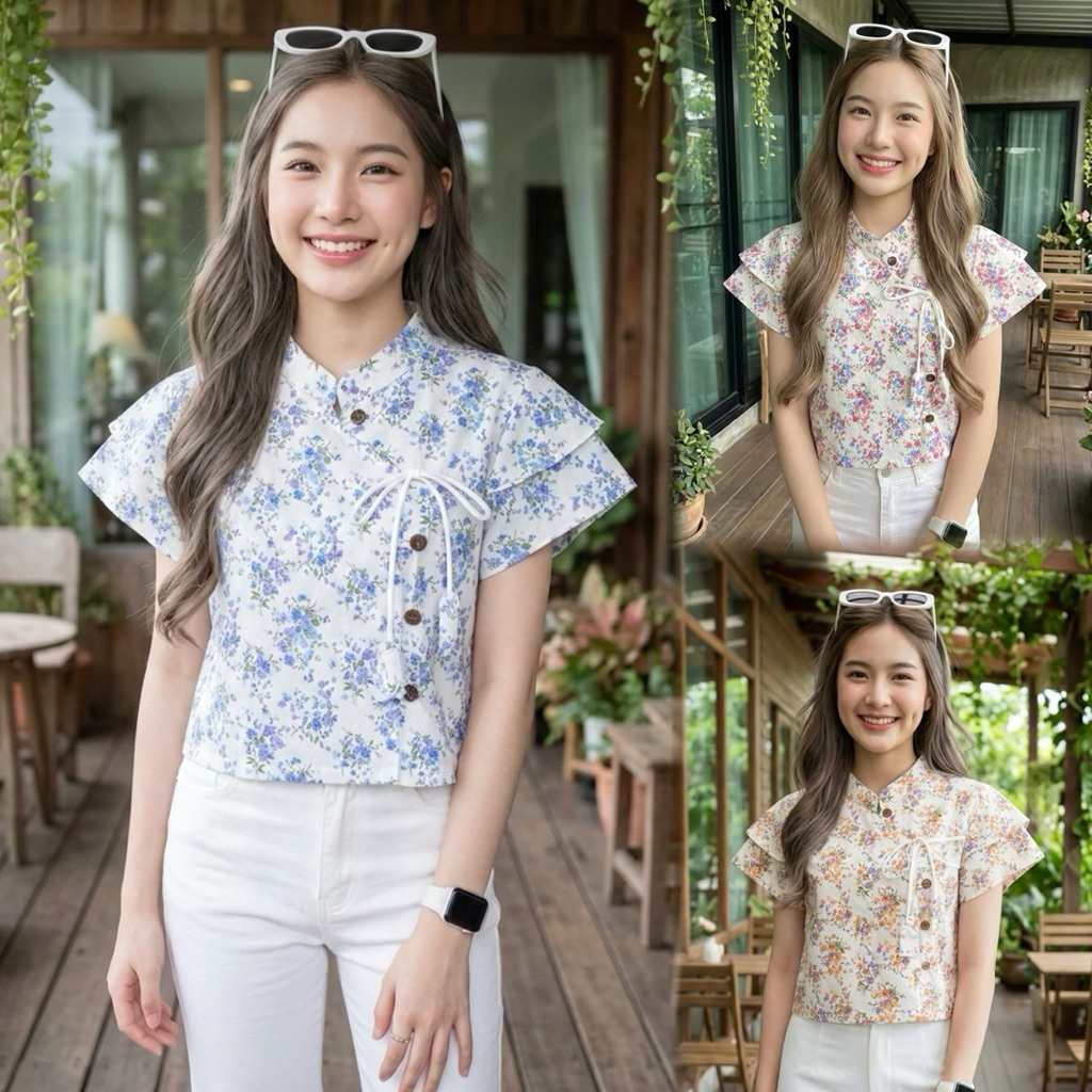 เสื้อพื้นเมืองผู้หญิงคอจีนผูกโบว์แขนสองชั้น ลายดอก