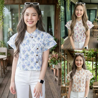 เสื้อพื้นเมืองผู้หญิงคอจีนผูกโบว์แขนสองชั้น ลายดอก
