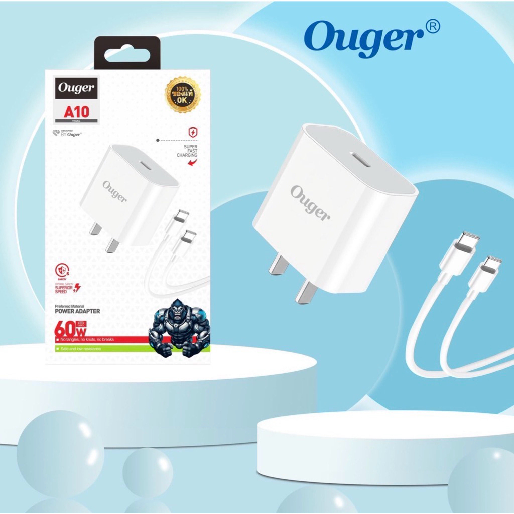 Ouger อะแดปเตอร์ไฟฟ้า A10 C-C 60W พร้อมสายชาร์จ สำหรับสมาร์ทโฟนและแท็บเล็ต รุ่น A10 คุณภาพสูง