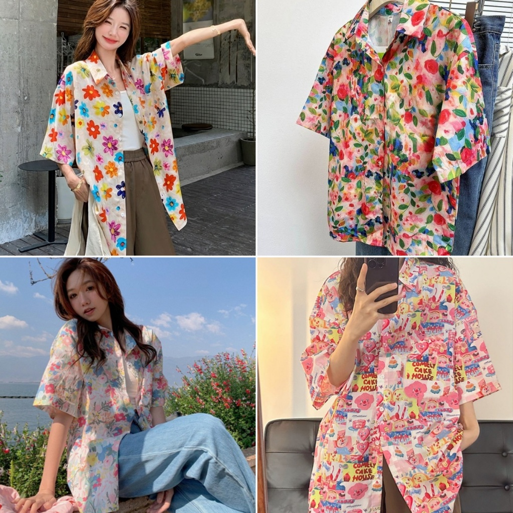 Hotgirl พร้อมส่ง เสื้อเชิ้ตแขนสั้นพิมพ์ลายสำหรับผู้หญิง ดีไซน์เก๋ มีปกพับลง เทศกาลสาดน้ำ