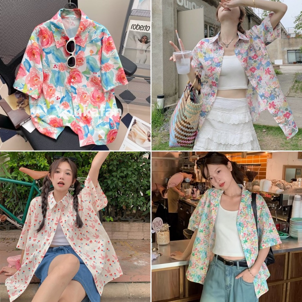 Hotgirl พร้อมส่ง เสื้อเชิ้ตแขนสั้นลายดอกไม้ สไตล์วันหยุดสำหรับสตรีS-2XL ชุดแฟชั่นลำลองสำหรับงานเทศกาลสาดน้ำ – โปรปัง
