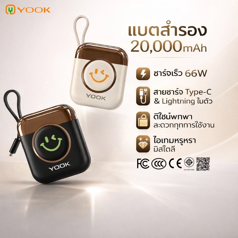 [CCC] YOOK 20000mAh 66W มินิ Powerbank พร้อมสายเคเบิลในตัวชาร์จเร็วสูงสุดสำหรับหลายอุปกรณ์