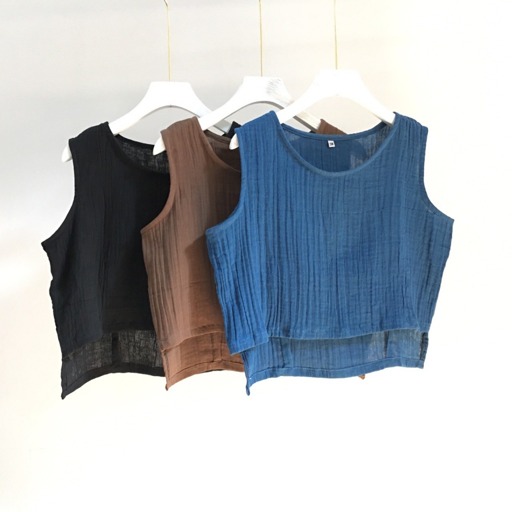 เสื้อครอป เสื้อครอปผ้าฝ้าย ผ้าฝ้ายทอลาย ผ้าสาลู แขนกุด ด้านหน้าสั้น ด้านหลังยาว ผ้านุ่ม ใส่สบายมาก ๆ