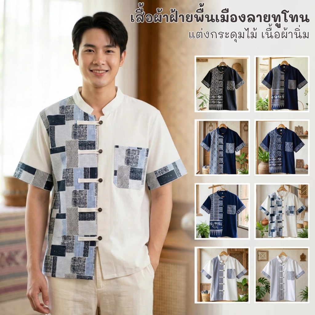 เสื้อผ้าฝ้ายทูโทน แต่งกระดุมไม้อย่างสวยงาม