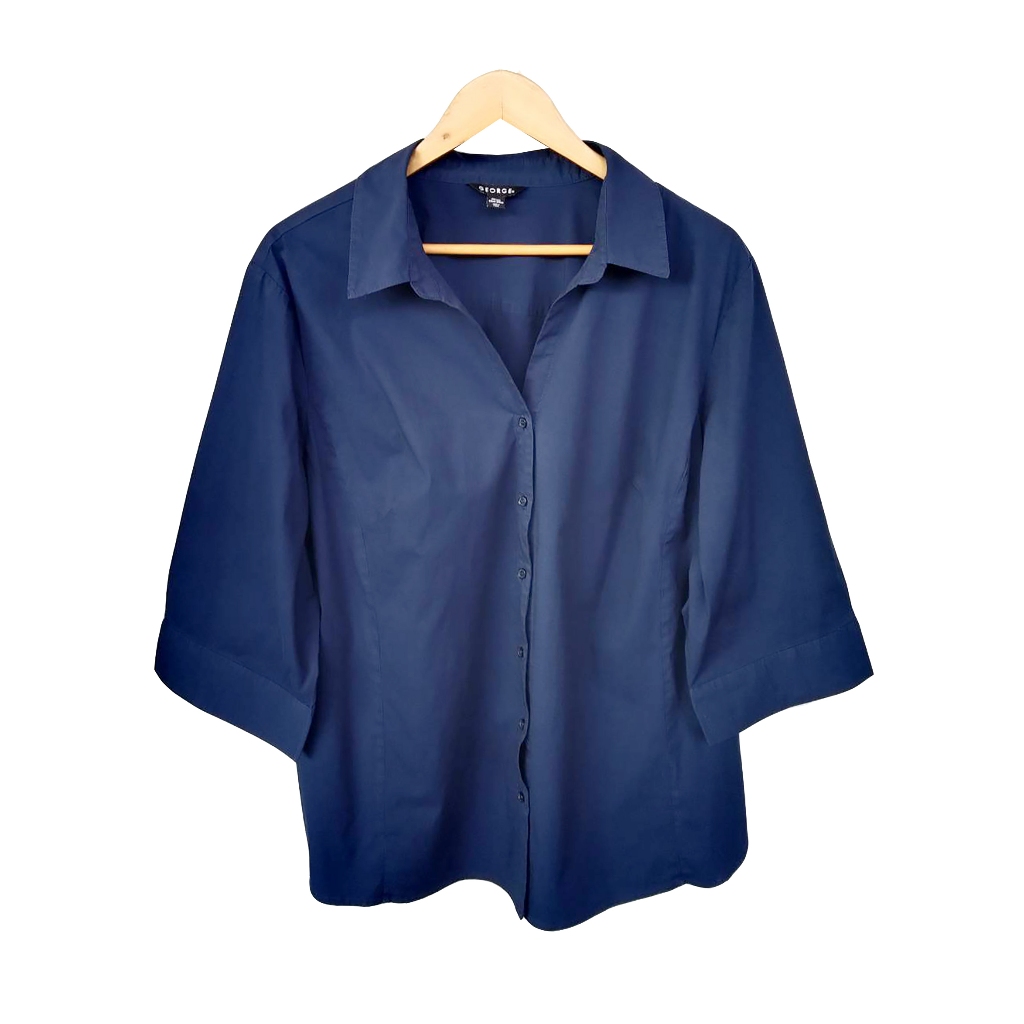 pa418 เสื้อมือสอง อก 50-52 นิ้ว คอปก ผ้าฝ้ายผสมสีน้ำเงิน แขน 4 ส่วน