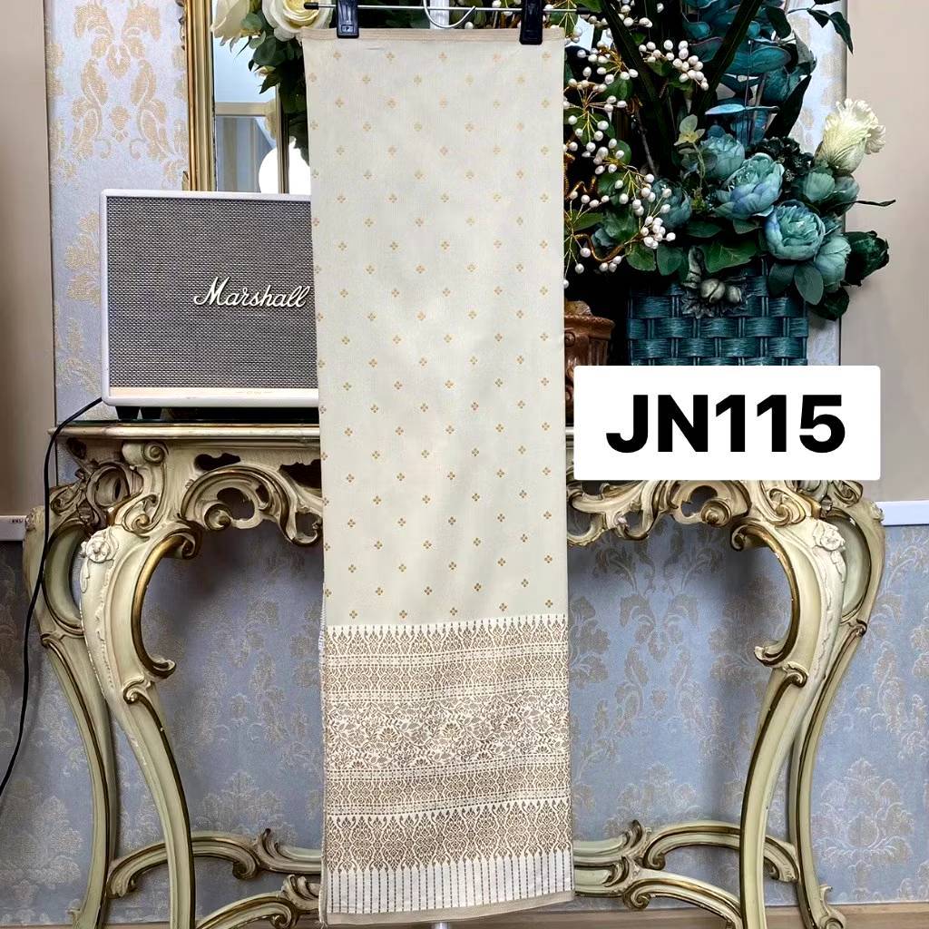 JN115 ผ้าไหมเเกมฝ้าย ยกล้านนาสารภี สีขาวครีม ขนาด 2 หลา