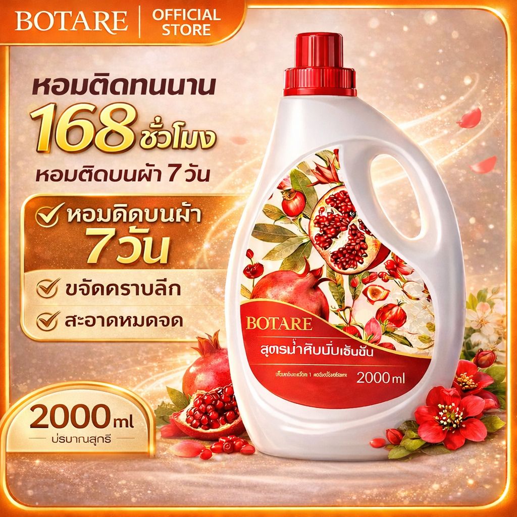 【2KG】Botare น้ำยาซักผ้ากลิ่นทับทิม สูตรเข้มข้น หอมติดทนนาน ขจัดคราบล้ำลึก ฟองน้อย ล้างออกง่าย 2000ml
