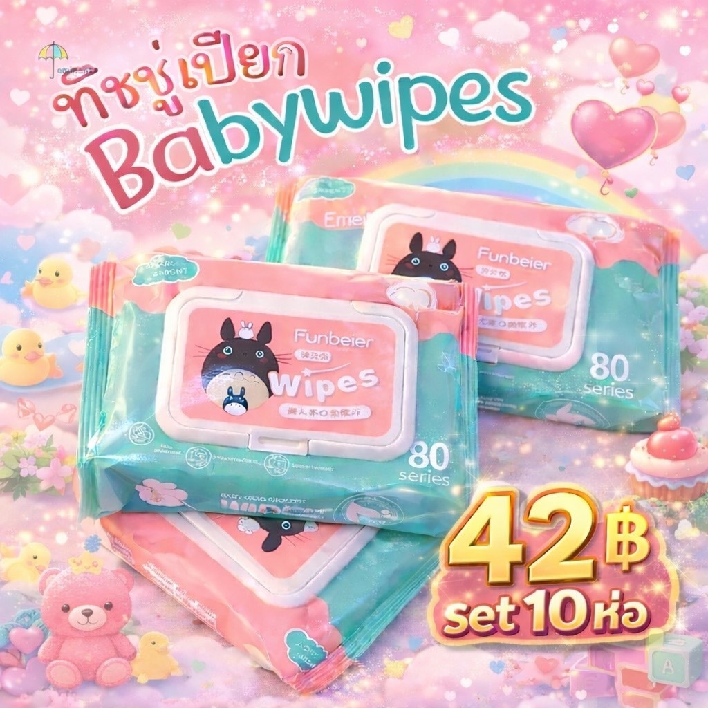 ทิชชู่เปียก Set 10ห่อ มีบริการส่งด่วน ส่งฟรี ทิชชู่ กระดาษเปียก Baby Wipes มีฝาปิด ขนาดพกพา ไม่มีแอลกอฮอล์