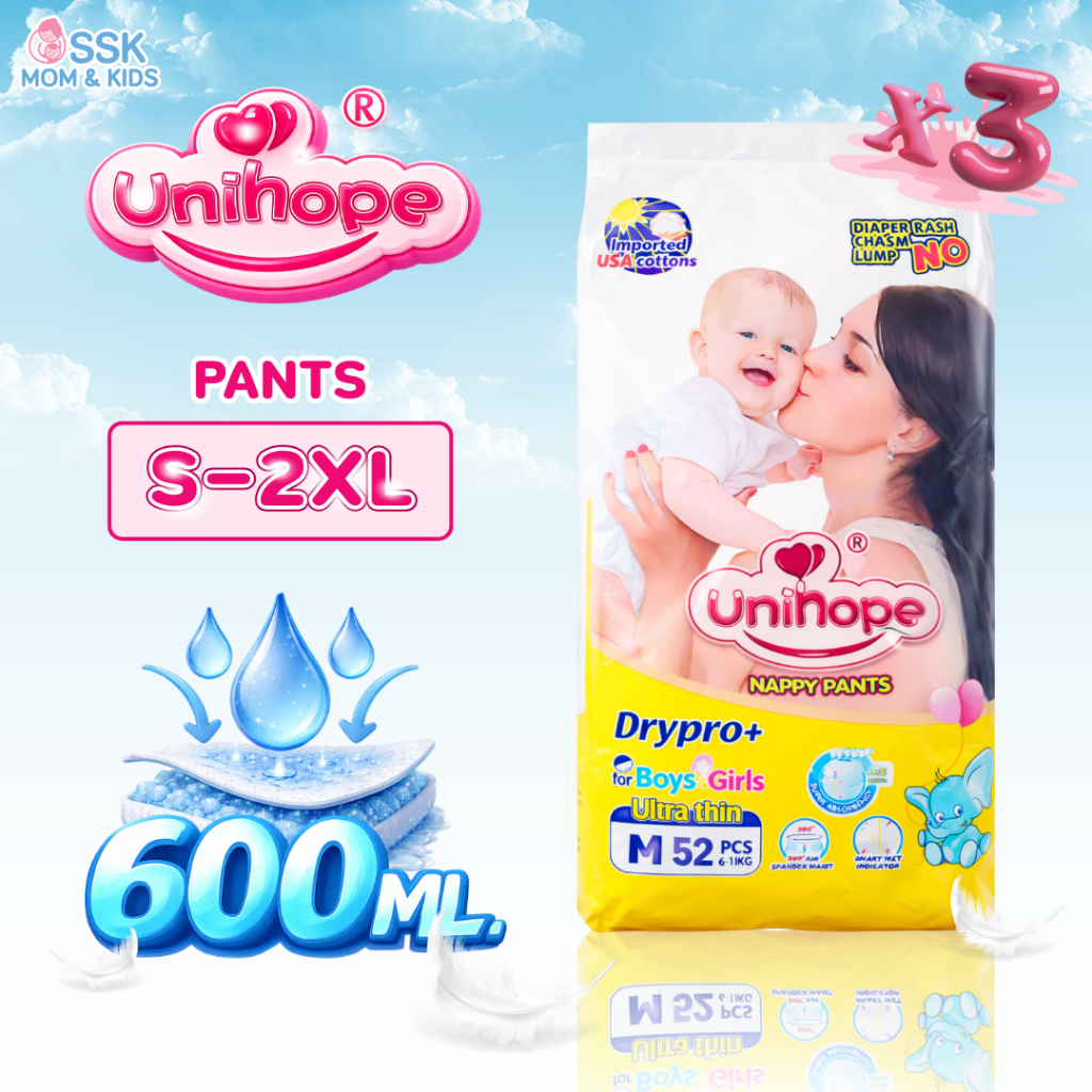 โปร 3 แพ็ค Unihopeห่อเหลือง ผ้าอ้อมเด็ก กางเกง แบบเทป BABY DIAPER PANTS S/M/L/XL/XXL ซึมซับดี บางเบา